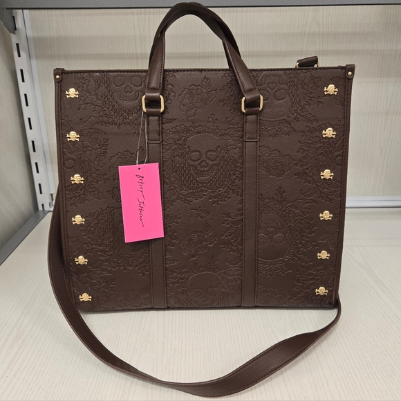 Betsey Johnson Brown Skull Tote Handbag - Picture 2 of 5